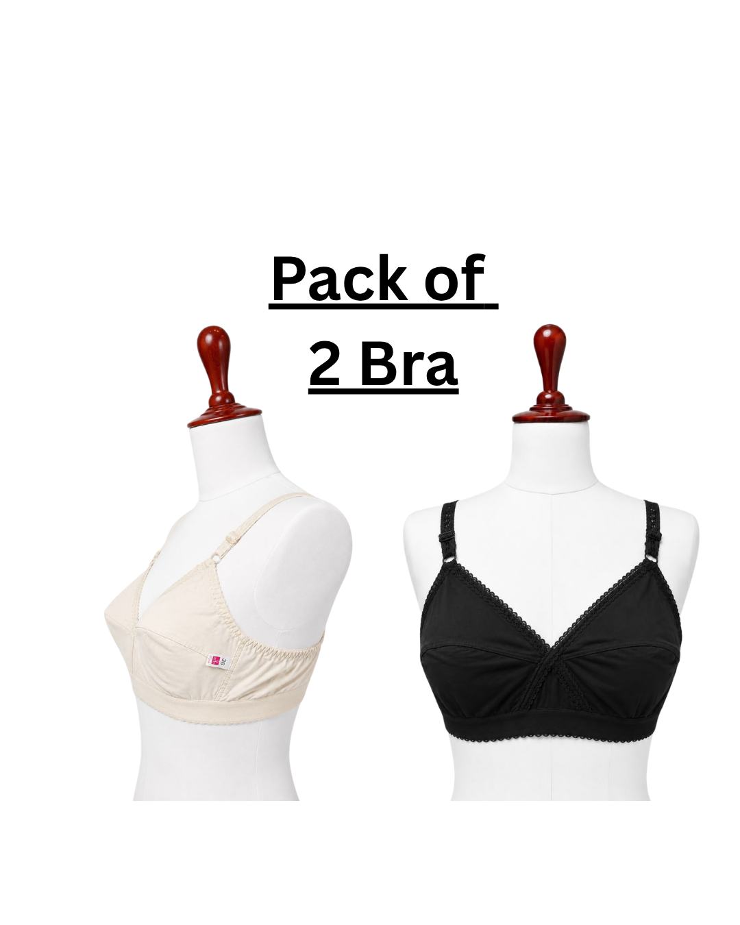 Pack of 2 - Deluxe Cotton Wireless Comfort Bra – Soft Non-Padded Everyday Bra